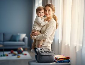 A parent holding a toddler near a bright window at home, with child care items such as a small bag and blanket in the nearby area.
