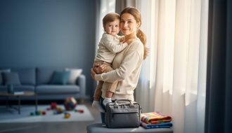 A parent holding a toddler near a bright window at home, with child care items such as a small bag and blanket in the nearby area.