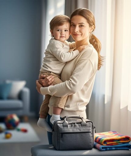 A parent holding a toddler near a bright window at home, with child care items such as a small bag and blanket in the nearby area.