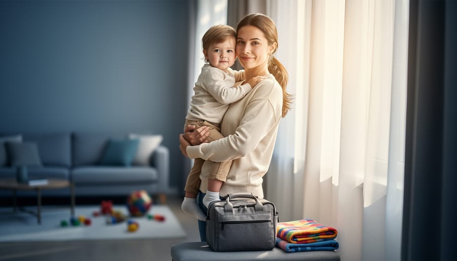 A parent holding a toddler near a bright window at home, with child care items such as a small bag and blanket in the nearby area.
