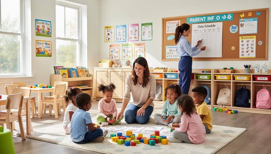 A caregiver kneeling with toddlers in a bright child daycare play room with toys and a safe play area.