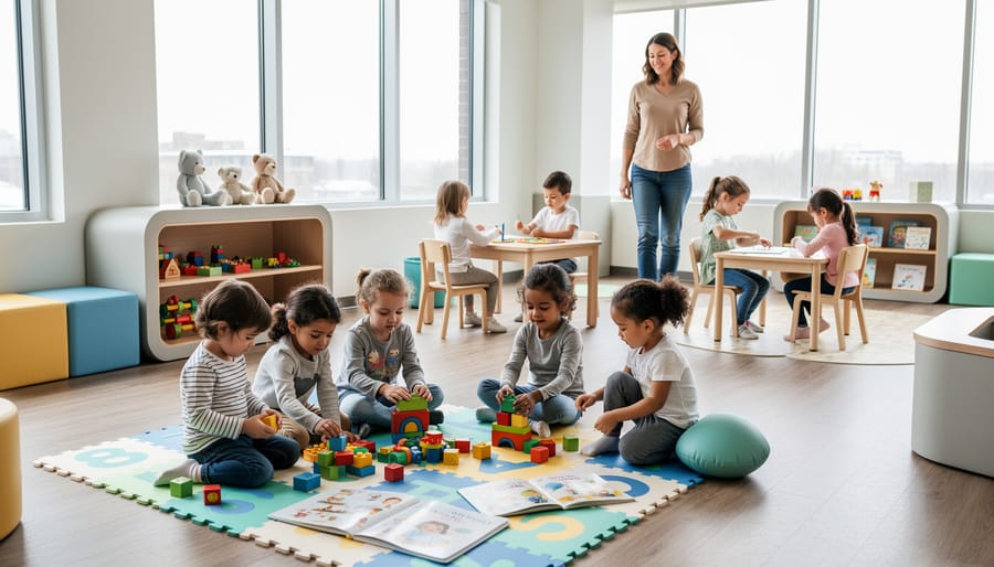 Caregiver kneeling beside toddlers playing with blocks on the floor in a child care classroom