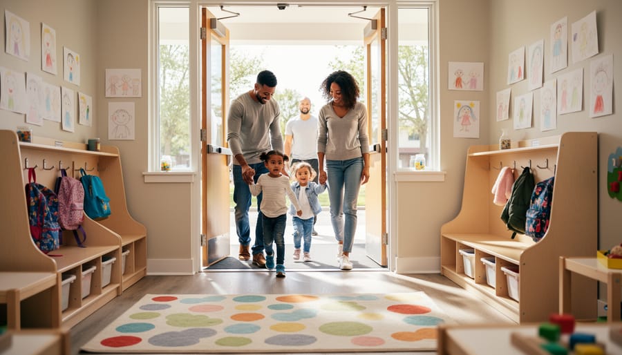 Parent holding a child’s hand at a daycare entrance
