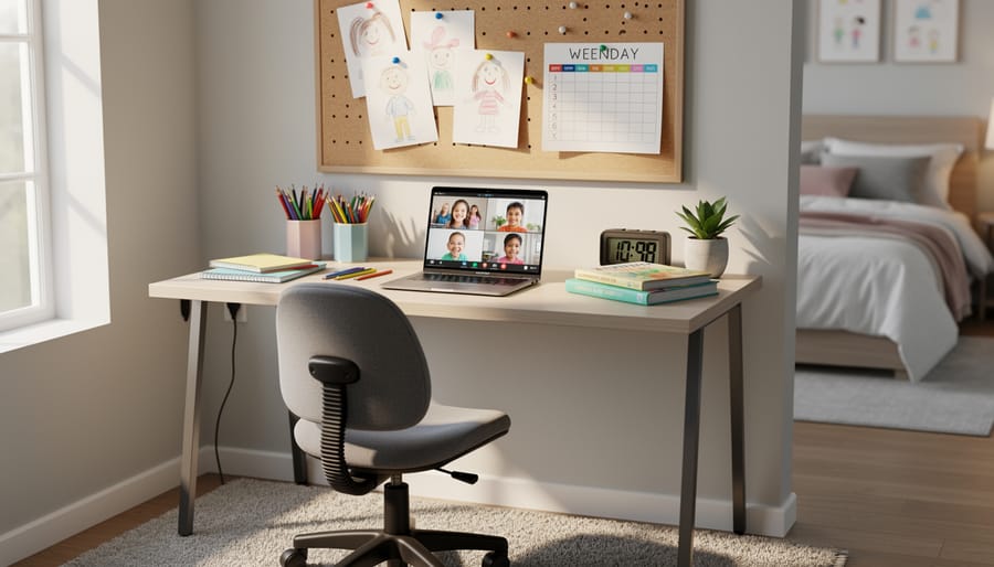 Child seated at a home desk with a laptop and headphones in a dedicated learning space.