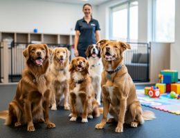 “Indoor pet daycare with friendly dogs on rubber mats, showing how pet-care environments can be mistaken for childcare spaces.”