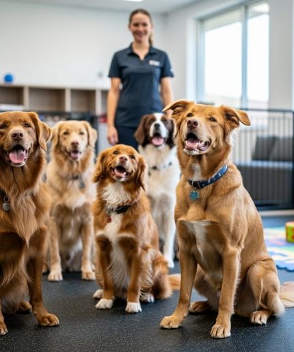 “Indoor pet daycare with friendly dogs on rubber mats, showing how pet-care environments can be mistaken for childcare spaces.”