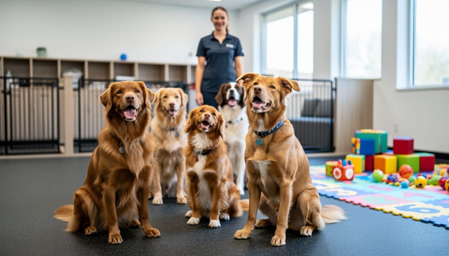 “Indoor pet daycare with friendly dogs on rubber mats, showing how pet-care environments can be mistaken for childcare spaces.”