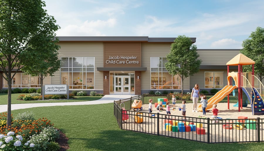 Exterior view of Jacob Hespeler Child Care Centre entrance and nearby playground area.