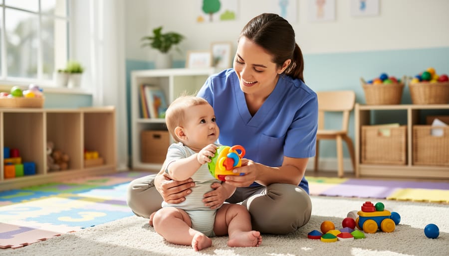 Caregiver gently holding and comforting an infant in a child care play room.