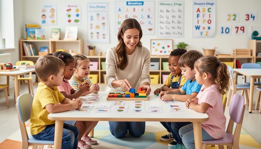 Preschool teacher and children working together at a low table with puzzles and blocks.