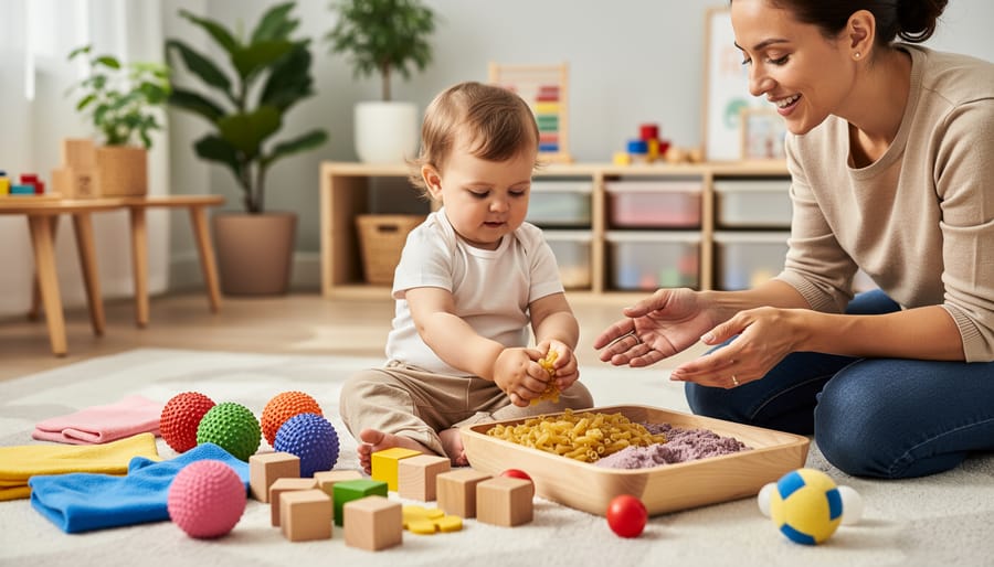 Toddler engaged in sensory play on a mat while a caregiver watches and assists nearby.