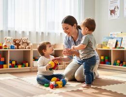 Educator helping toddlers in a bright childcare classroom with play mats and colorful toys near a window