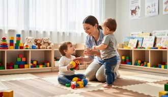 Educator helping toddlers in a bright childcare classroom with play mats and colorful toys near a window
