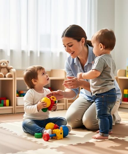 Educator helping toddlers in a bright childcare classroom with play mats and colorful toys near a window