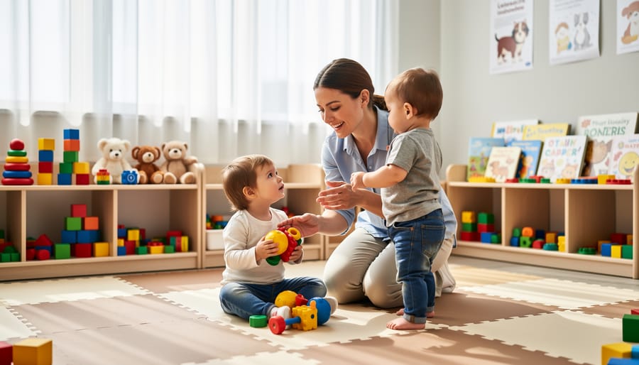 Educator helping toddlers in a bright childcare classroom with play mats and colorful toys near a window