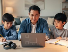 Parent and two K-12 students working together at a home learning table with headphones and a laptop during a virtual lesson.