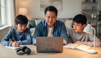 Parent and two K-12 students working together at a home learning table with headphones and a laptop during a virtual lesson.