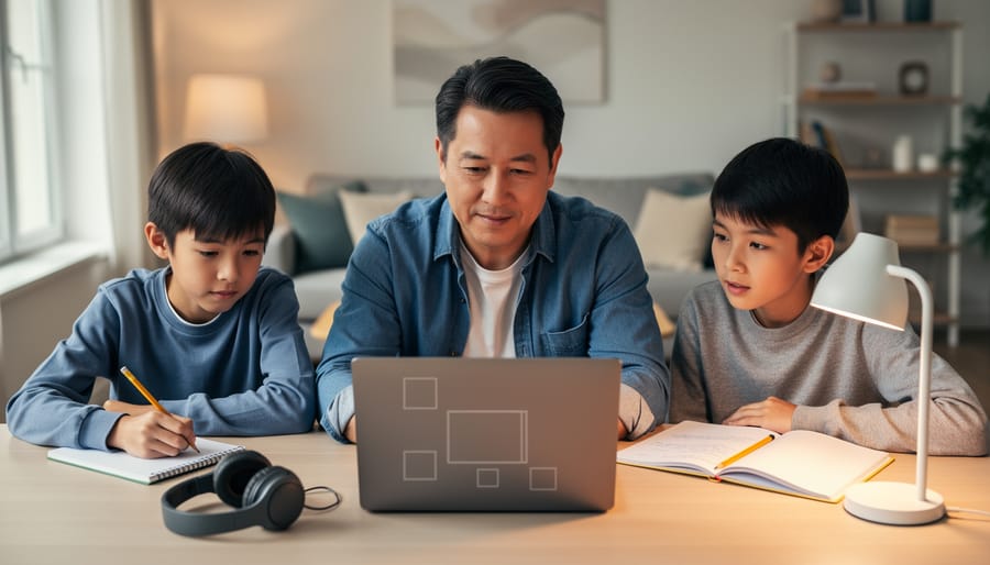 Parent and two K-12 students working together at a home learning table with headphones and a laptop during a virtual lesson.