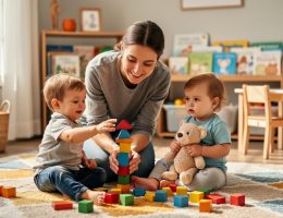 “Caregiver kneeling to play with toddlers on a rug in a small home daycare play area with colorful blocks and toys”