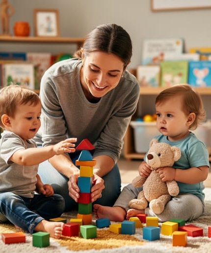 “Caregiver kneeling to play with toddlers on a rug in a small home daycare play area with colorful blocks and toys”