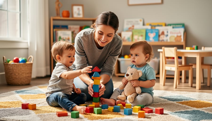 “Caregiver kneeling to play with toddlers on a rug in a small home daycare play area with colorful blocks and toys”