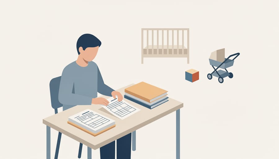 Parent’s hands placing child care application paperwork into an envelope on a kitchen table
