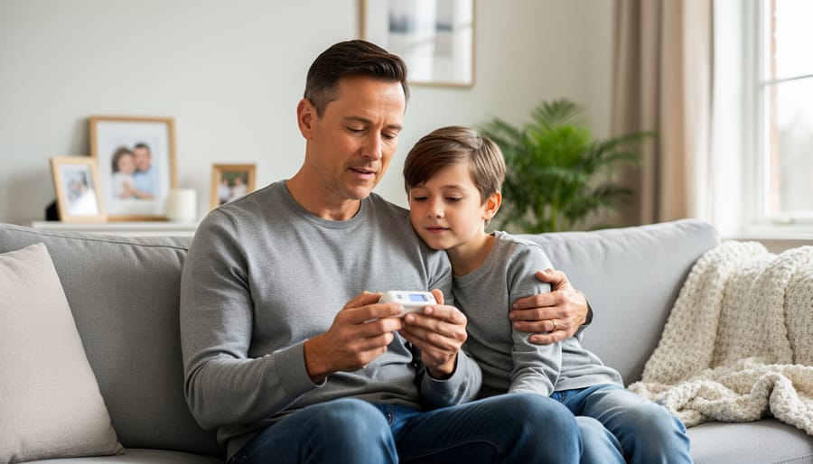 Parent holding a medical device case beside a child on a couch