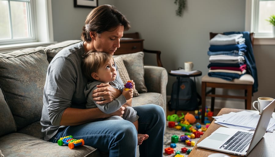 Parent holding a toddler in a living room while carrying a diaper bag and papers