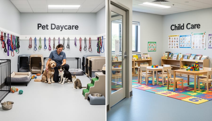 Friendly dogs playing in an indoor pet daycare area with rubber mats and a handler in the background.