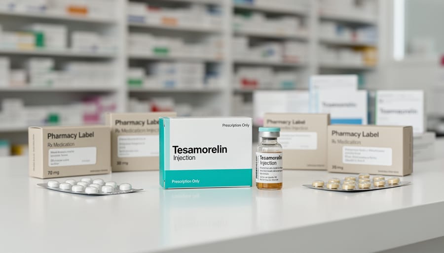 Pharmacy counter with prescription vials and medication box in focus