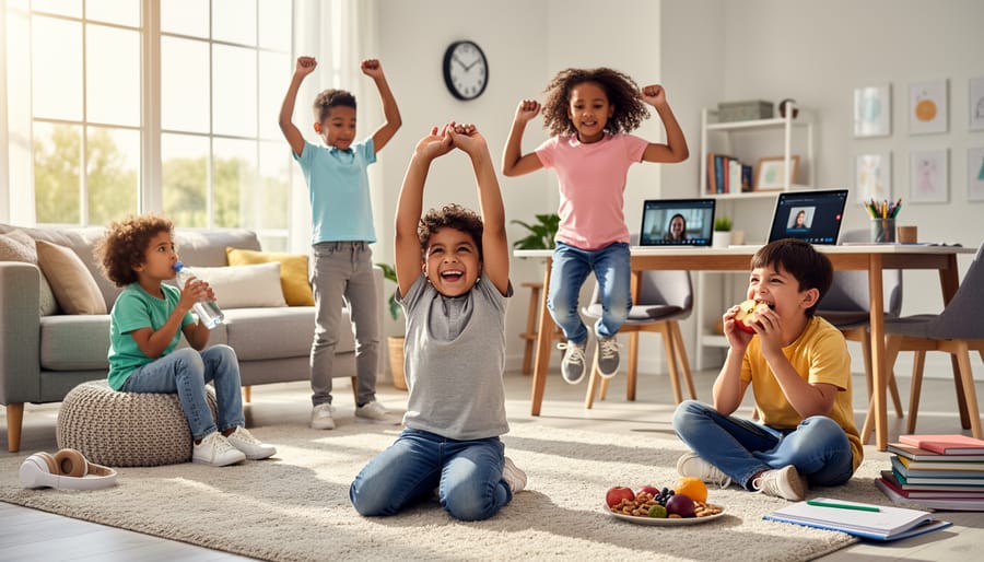 Child stretching during a break next to a snack tray and water bottle at home.