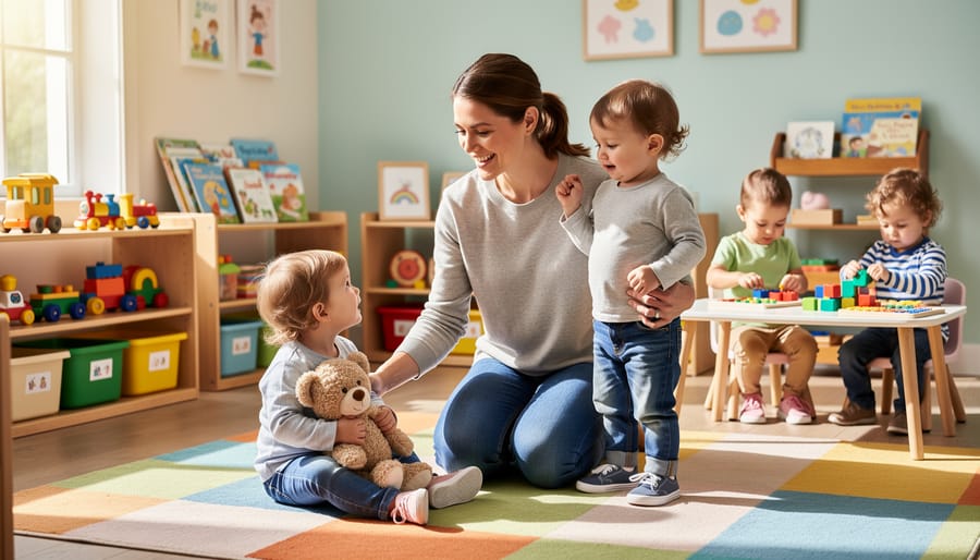 Adult kneeling to play with toddlers in a small daycare play area