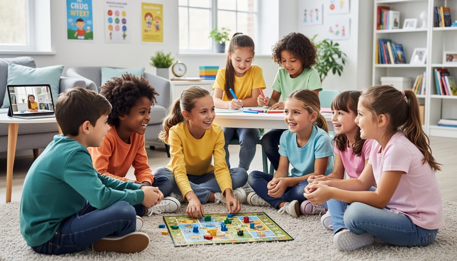 Children playing and collaborating outdoors with chalk and notebooks during a small meetup.
