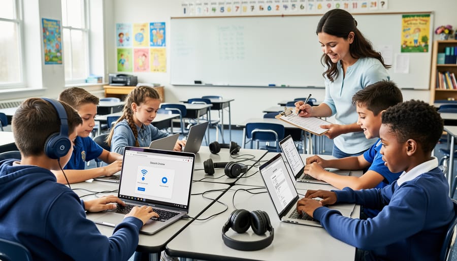 Parent checking charging devices and router while a child adjusts headphones.