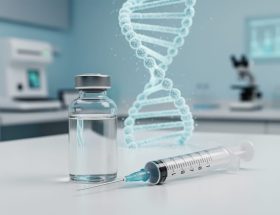 A syringe and vial on a clean medical desk with a subtle translucent molecular ribbon in the background symbolizing tesamorelin’s hexenoyl modification.
