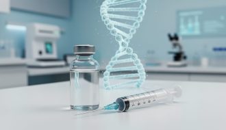 A syringe and vial on a clean medical desk with a subtle translucent molecular ribbon in the background symbolizing tesamorelin’s hexenoyl modification.