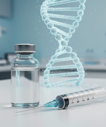 A syringe and vial on a clean medical desk with a subtle translucent molecular ribbon in the background symbolizing tesamorelin’s hexenoyl modification.