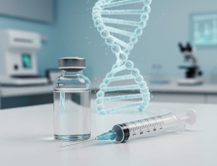 A syringe and vial on a clean medical desk with a subtle translucent molecular ribbon in the background symbolizing tesamorelin’s hexenoyl modification.