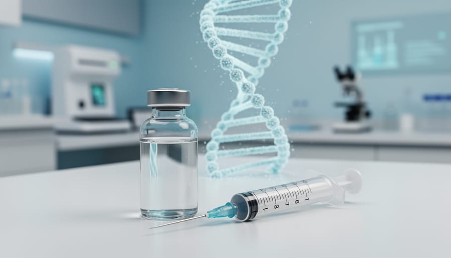 A syringe and vial on a clean medical desk with a subtle translucent molecular ribbon in the background symbolizing tesamorelin’s hexenoyl modification.