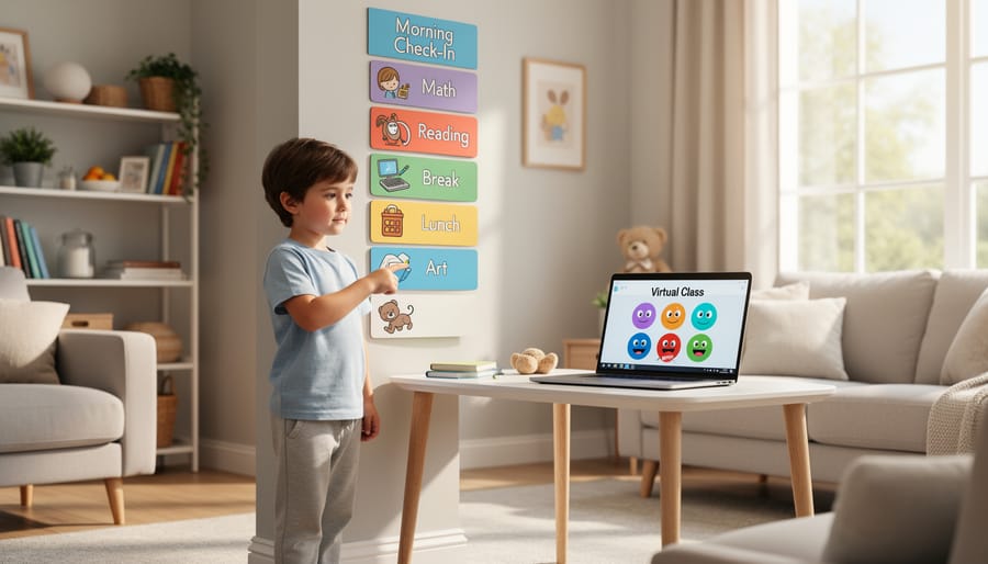 Parent and child looking at a wall calendar and sticky notes used as a visual schedule.