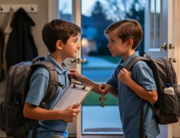 “Parent adjusting a child’s school backpack and holding scheduling papers in an entryway at dusk.”