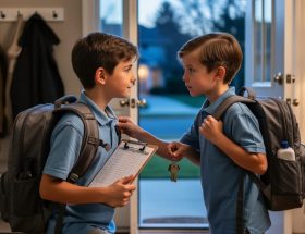 “Parent adjusting a child’s school backpack and holding scheduling papers in an entryway at dusk.”