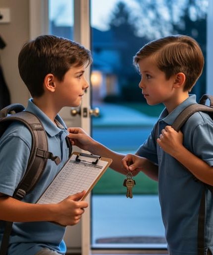 “Parent adjusting a child’s school backpack and holding scheduling papers in an entryway at dusk.”
