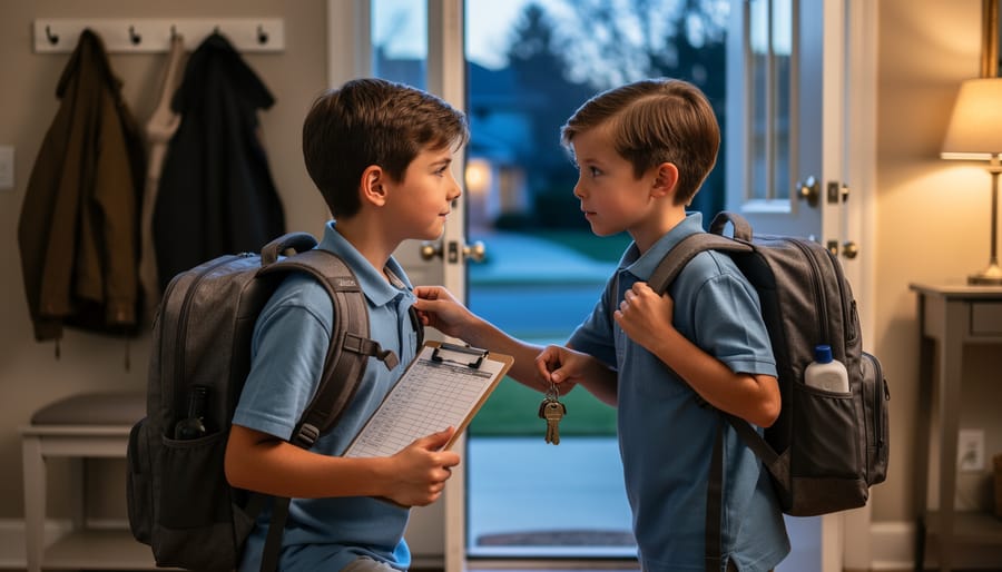 “Parent adjusting a child’s school backpack and holding scheduling papers in an entryway at dusk.”