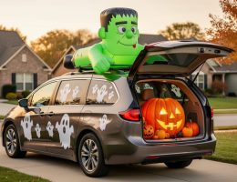 A minivan decorated for Halloween with a Frankenstein roof inflatable, a jack-o’-lantern trunk display, and magnetic ghost decals and window clings.