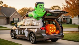 A minivan decorated for Halloween with a Frankenstein roof inflatable, a jack-o’-lantern trunk display, and magnetic ghost decals and window clings.