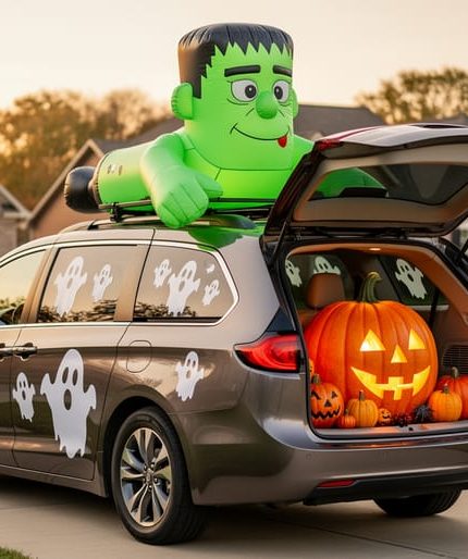 A minivan decorated for Halloween with a Frankenstein roof inflatable, a jack-o’-lantern trunk display, and magnetic ghost decals and window clings.