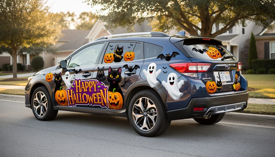 Halloween magnets on a car door with spooky cat and ghost designs.