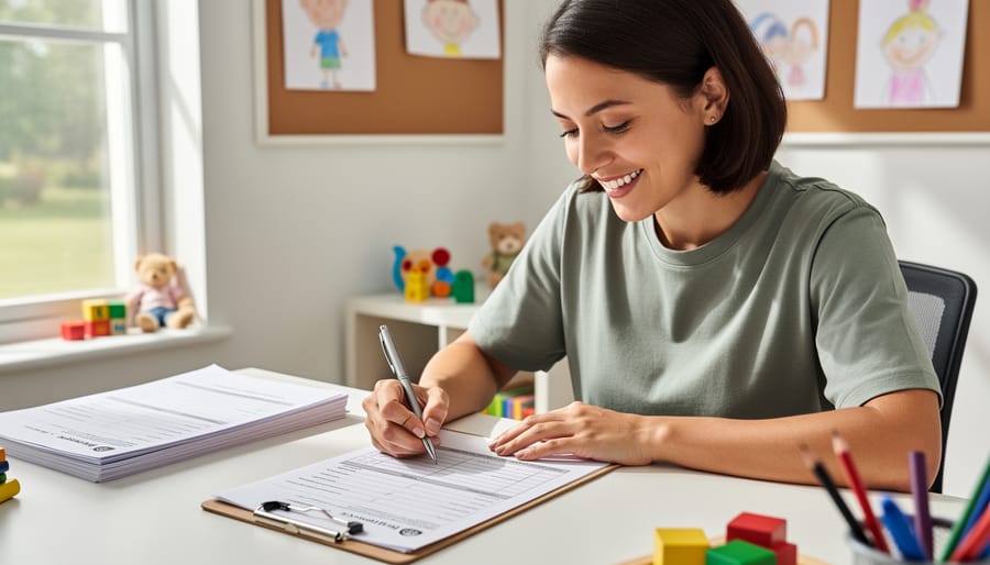 Childcare provider assisting with paperwork at a desk with a playroom blurred in the background.