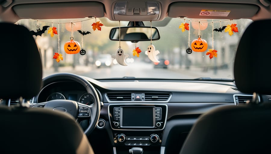Halloween dangling decorations hanging from the rearview mirror and dashboard.